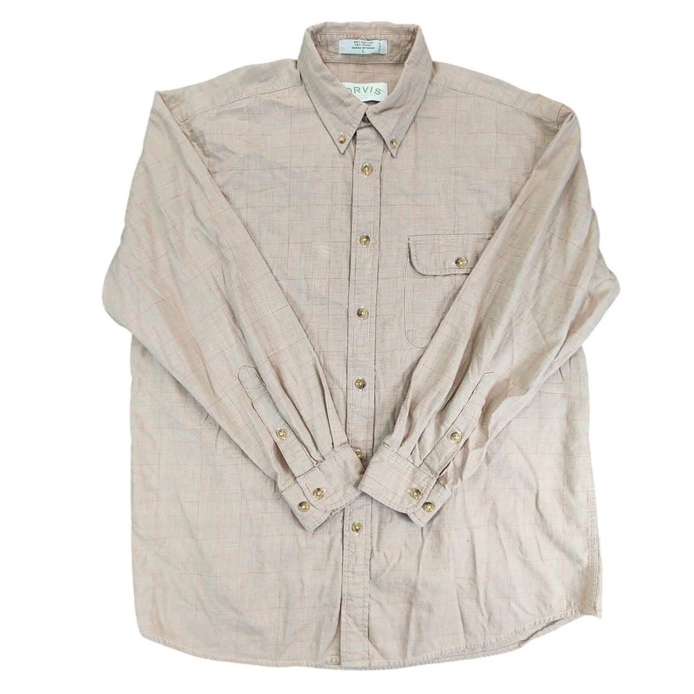 Orvis Button Down Men Tan Cotton Wool Blend Sporting Traditions Windowpane Check